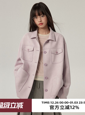 omont蛋挞家 复古麂皮绒工装夹克外套女春秋季宽松休闲紫色上衣