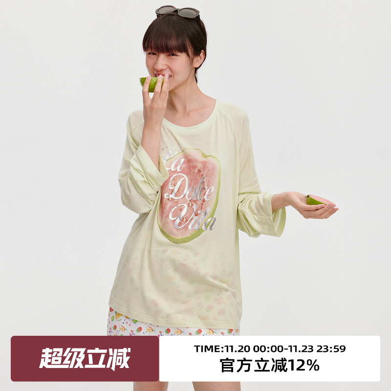 烫银芭乐印花/廓形宽松长袖T恤