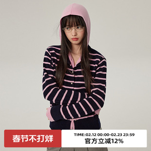 omont蛋挞家100%羊毛假两件连帽条纹针织开衫春秋季宽松基础毛衣