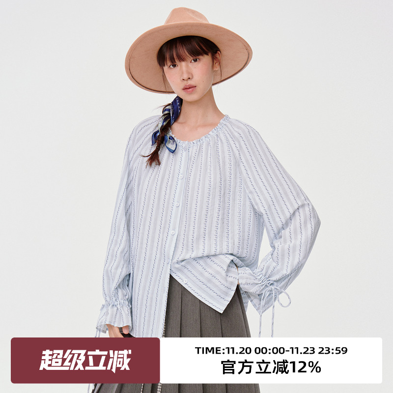 印花面料/袖口绑带设计/长袖衬衫