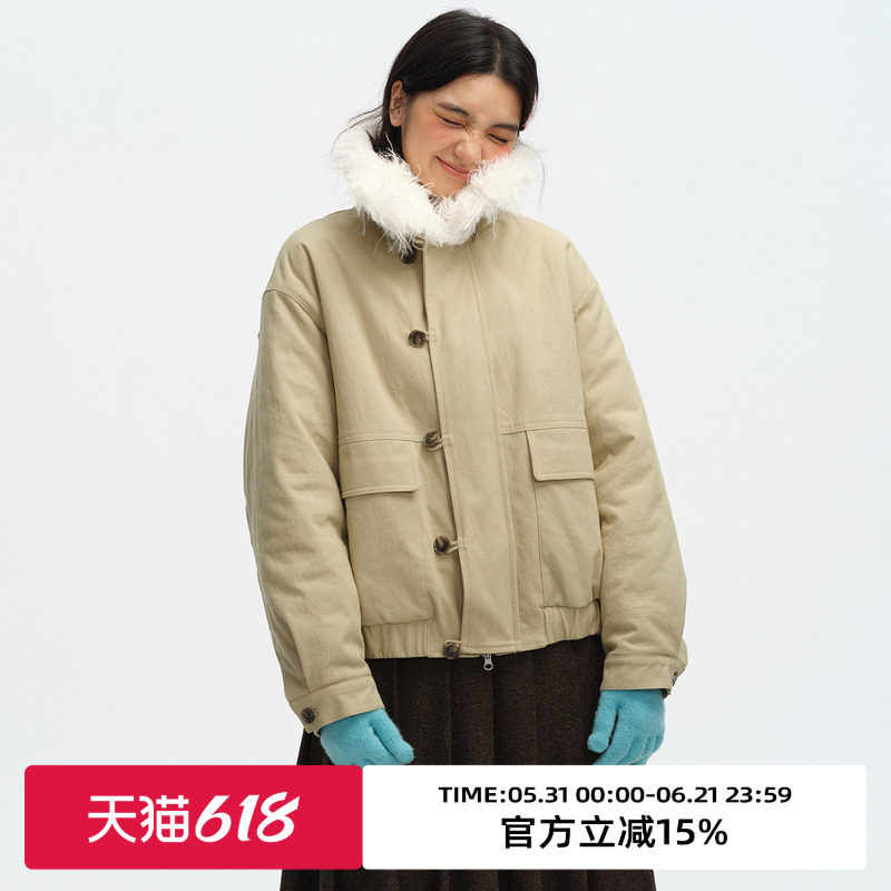 omont蛋挞家复古毛领厚实保暖夹克棉服2025冬卡其色宽松休闲外套