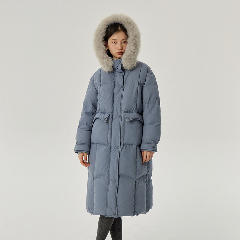 omont蛋挞家 90白鸭绒长款羽绒服女冬季新款大毛领过膝中长款外套