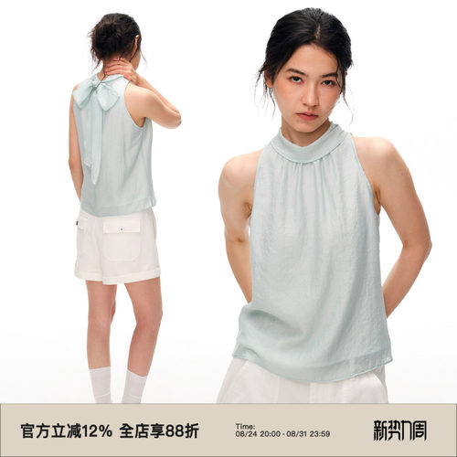 复古飘带领挂脖无袖吊带上衣