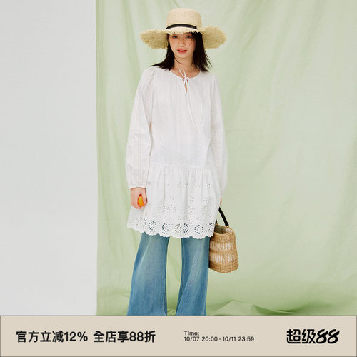 复古棉布绣花系带连衣裙