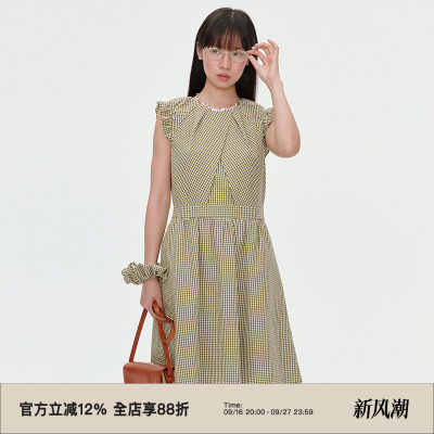 复古格纹/领口捏褶设计连衣裙