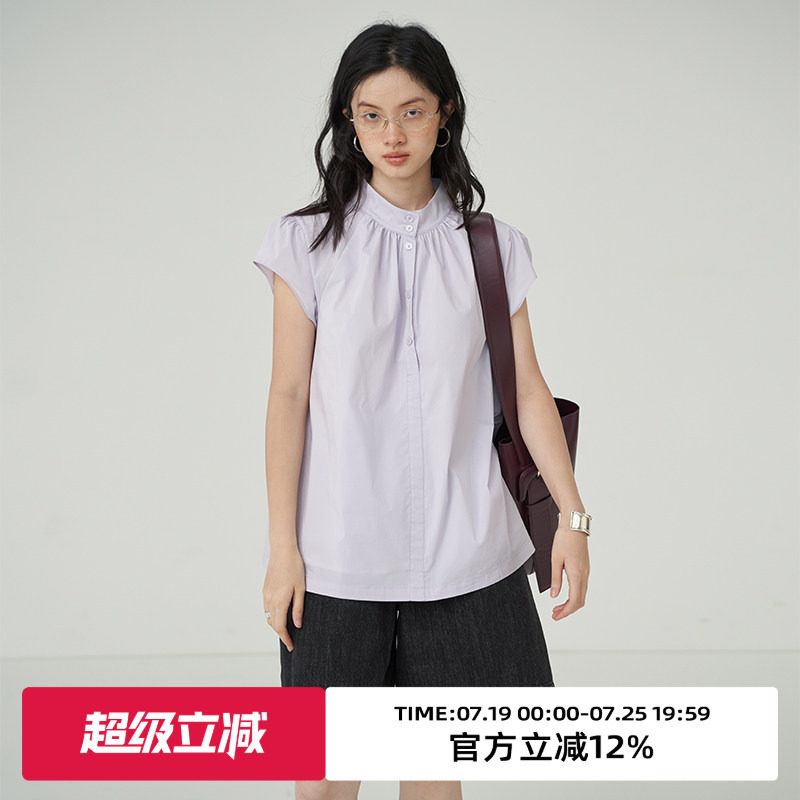 omont蛋挞家 小飞袖立领短袖衬衫女夏季新款复古宽松显瘦紫色上衣 - 实物图