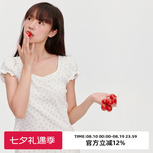 海鸥领/修身/泡泡袖碎花短袖T恤