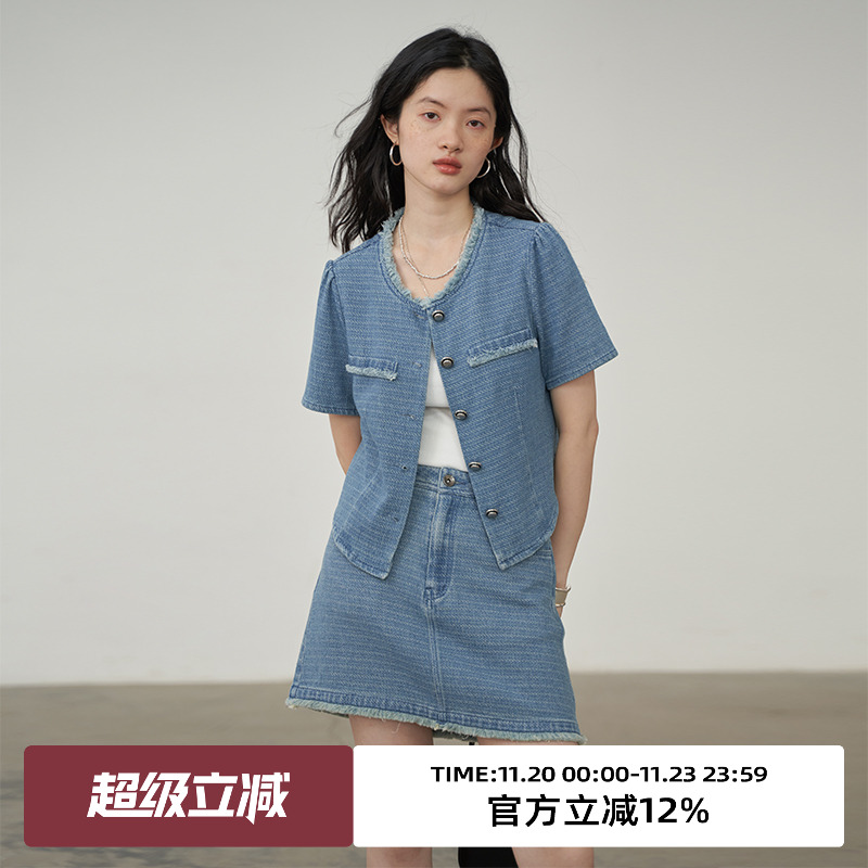 omont复古单排多扣短袖棉混纺