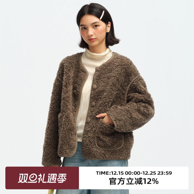 复古羊毛包边条圆领毛毛外套