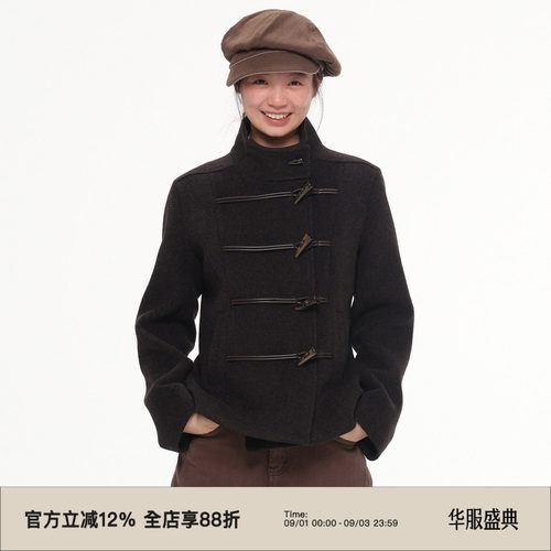 复古牛角扣收腰短款毛呢外套
