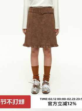omont蛋挞家复古麂皮绒荷叶边设计半身裙2025秋季高腰直筒中裙子
