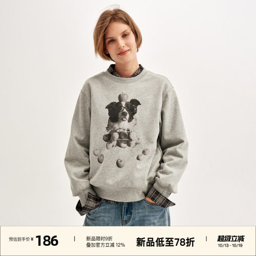 磨毛复古印花圆领宽松套头卫衣