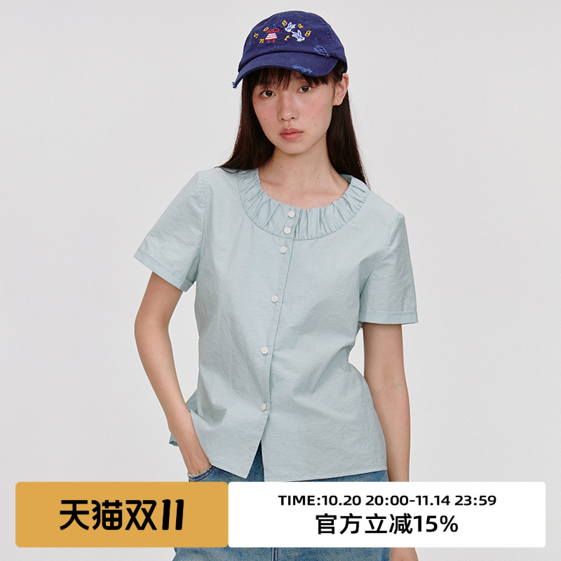 抽皱领/小正肩撞色纽扣短袖衬衫