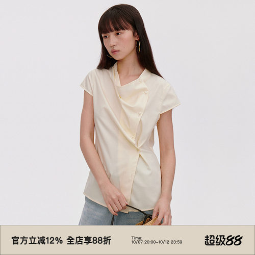 荡领/盖袖/侧纽扣设计短袖衬衫