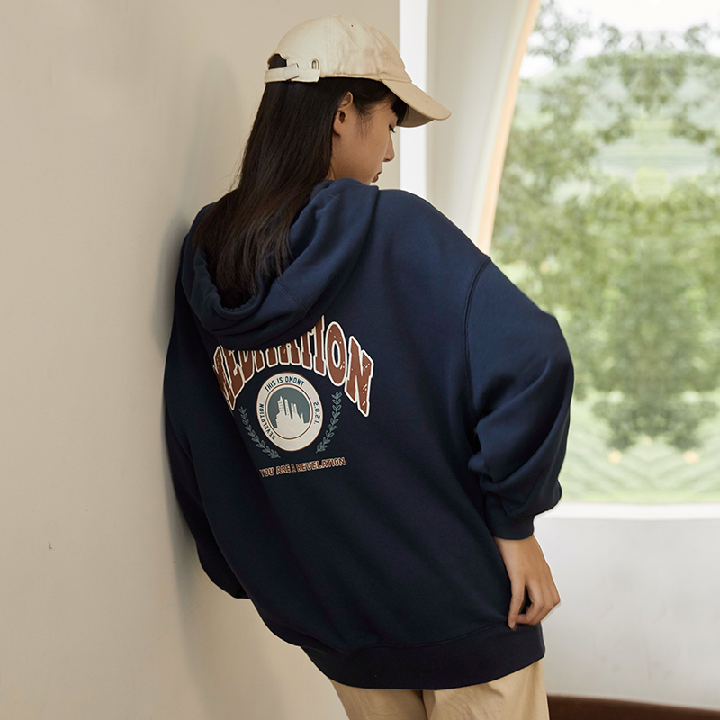 omont蛋挞家复古印花灰色连帽女