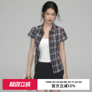 omont蛋挞家复古格纹修身收腰显瘦短袖2026夏季设计感正肩上衣女