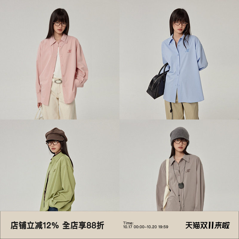 omont蛋挞家 天然竹纤维廓形长袖衬衫春纯色宽松休闲衬衣上衣