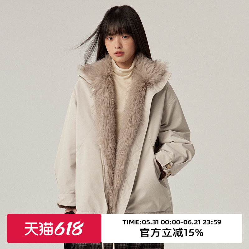 omont蛋挞家环保皮草双面穿棉服春秋季宽松保暖毛毛外套派克服