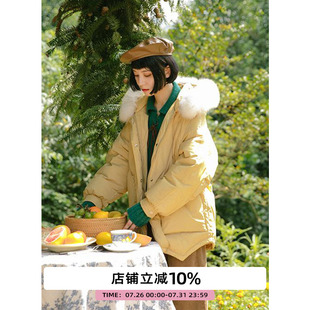 omont蛋挞家 复古宽松休闲连帽羽绒服女外套中长款 加厚保暖秋冬季