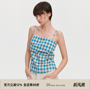 omont蛋挞家复古蓝白格子吊带背心春夏季度假风修身显瘦抹胸上衣