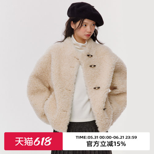 复古牛角扣仿皮毛一体外套