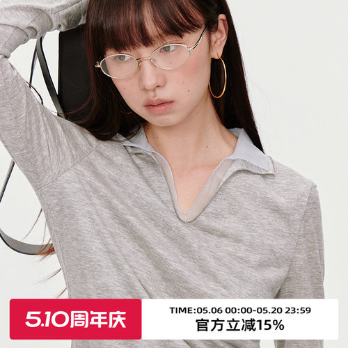 小翻领拼接欧根纱/长袖T恤