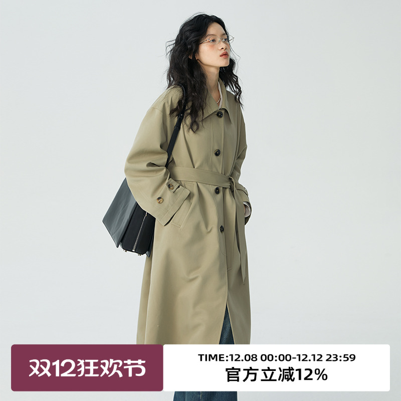 omont灰色中长款风衣外套