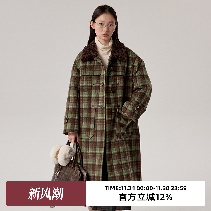 omont蛋挞家复古格子毛呢外套