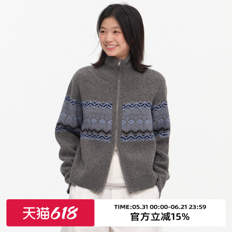 omont蛋挞100%绵羊毛复古费尔岛针织开衫2026春宽松休闲毛衣外套