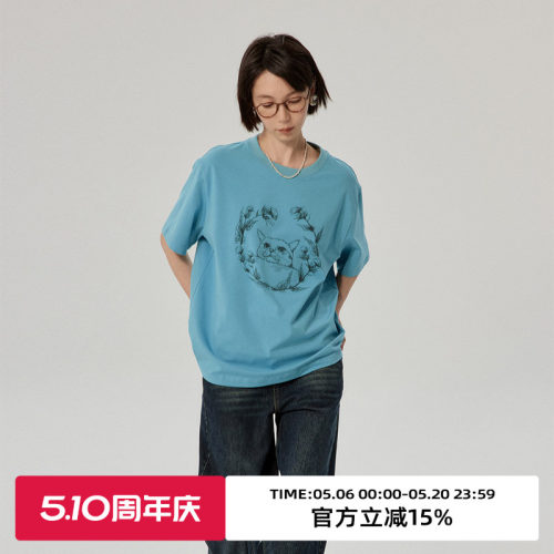 omont蛋挞家短袖复古小猫印花