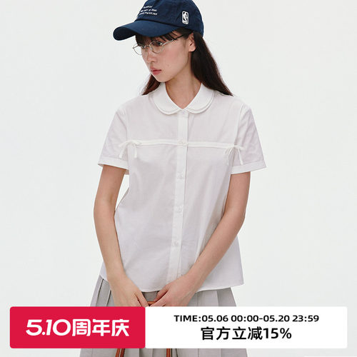 双层娃娃领/绑带蝴蝶结短袖衬衫