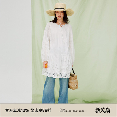 复古棉布绣花系带连衣裙