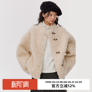 omont蛋挞家100%羊毛牛角扣仿皮毛一体短外套2025冬宽松休闲皮草