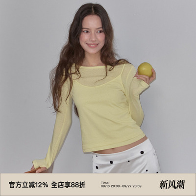 复古基真两件叠穿设计长袖T恤