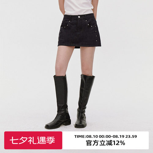 牛仔水洗/铆钉装饰黑色超短裙