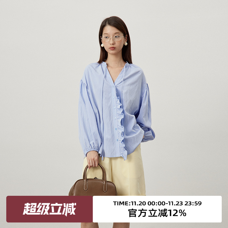 omont蛋挞家长袖荷叶边衬衫