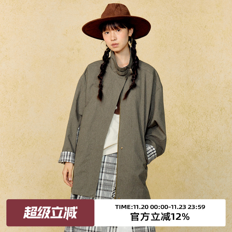 立领格纹拼接设计/中长风衣外套