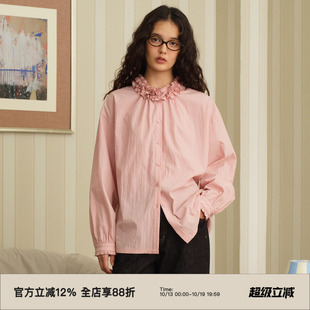 omont蛋挞家复古花瓣领长袖衬衫秋法式甜美叠穿通勤宽松衬衣上衣