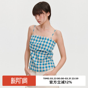 omont蛋挞家复古蓝白格子吊带背心春夏季 显瘦抹胸上衣 度假风修身