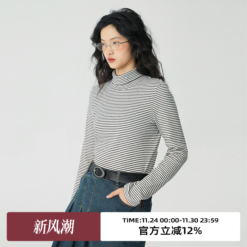 omont高领条纹修身内搭T恤