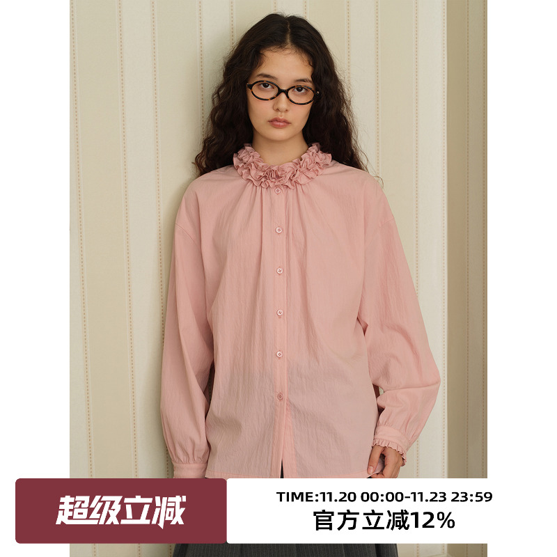 复古荷叶领宽松慵懒长袖衬衫