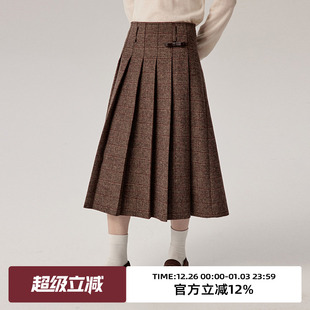 omont蛋挞家 50%毛复古格纹毛呢百褶裙冬季高腰灰色中长裙子