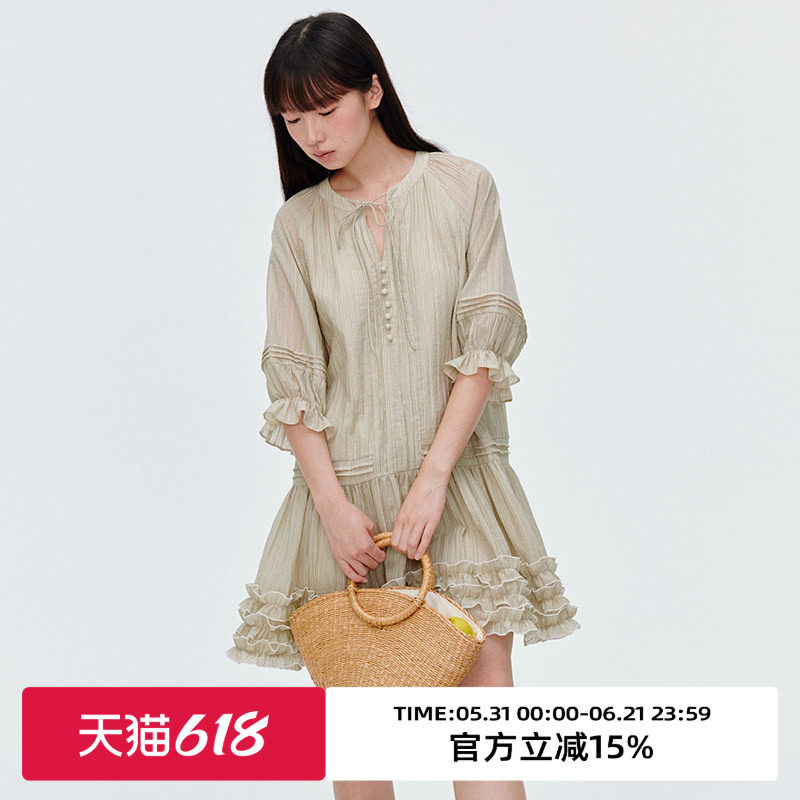 omont蛋挞家复古木耳边度假风连衣裙夏季宽松设计感中袖短裙
