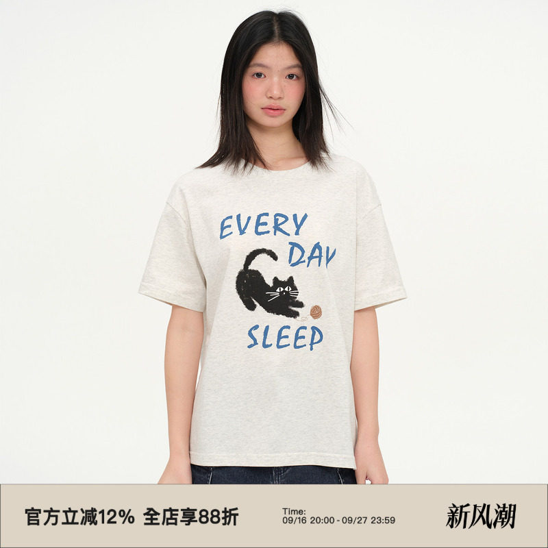 复古小猫印花宽松休闲T恤图片