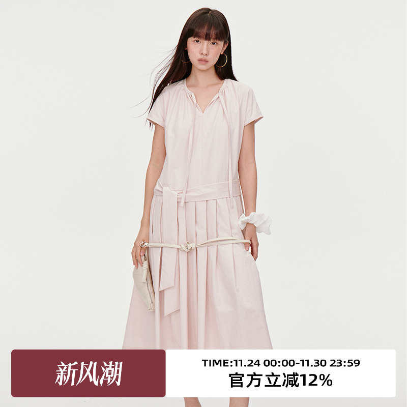 下摆压褶/飞飞袖长款连衣裙