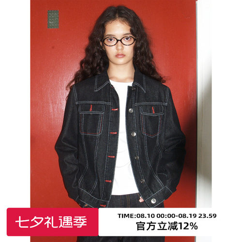 复古原色牛仔撞红线设计感外套
