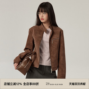 omont蛋挞家 复古麂皮立领机车外套秋季休闲百搭拉链夹克皮衣