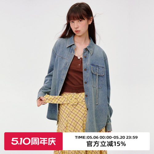 水洗牛仔蓝/口袋抽绳/牛仔衬衫