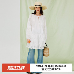 omont蛋挞家法式绣花白色长袖连衣裙2026春宽松慵懒漂亮中长裙子