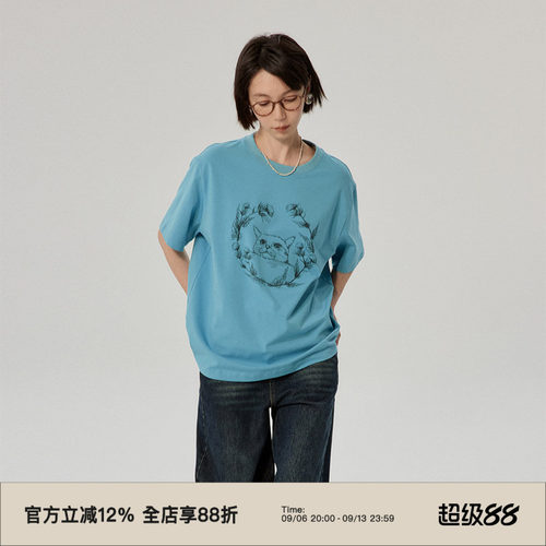omont蛋挞家短袖复古小猫印花